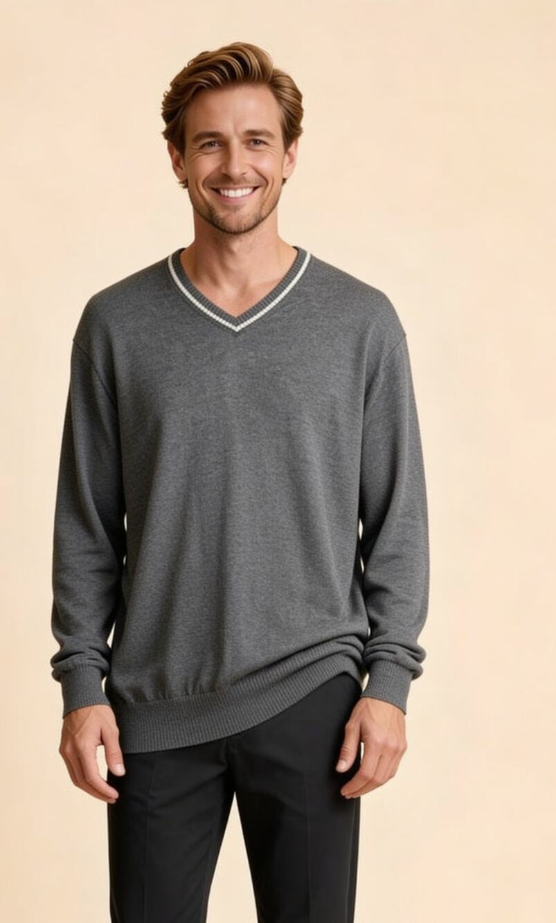Jos A Bank Joseph Mens L Gray Cotton Cashmere V-Neck Sweater Tipped Trim